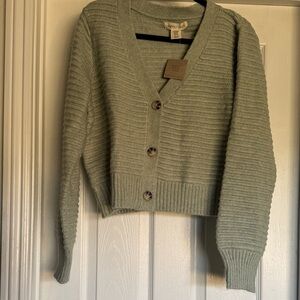Green Ribbed Button-Up Sweater